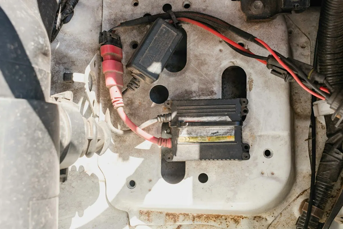 Fiação e conectores elétricos no compartimento do motor de um veículo